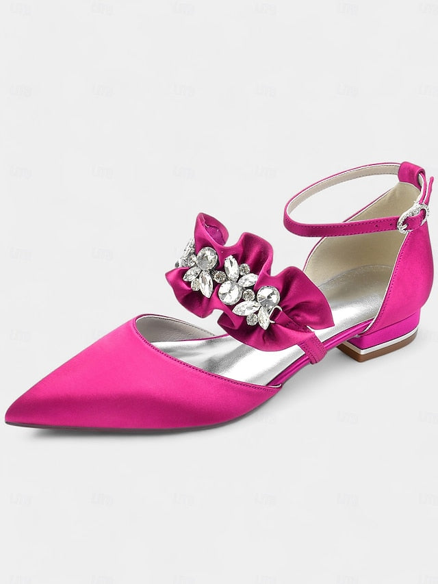 with Pointed-Toe Black Satin Women's Rhinestone Flats