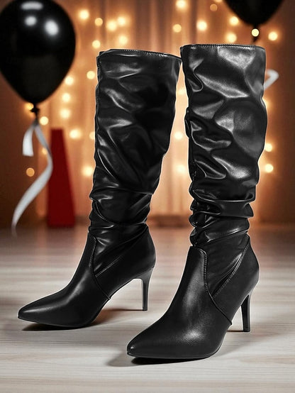 High Pointed - Leather Women's Toe Brown Knee Boots Faux