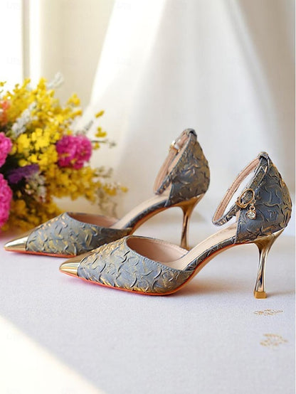 Toe Beige Women's and with Gold Pointed Heels Satin Accents