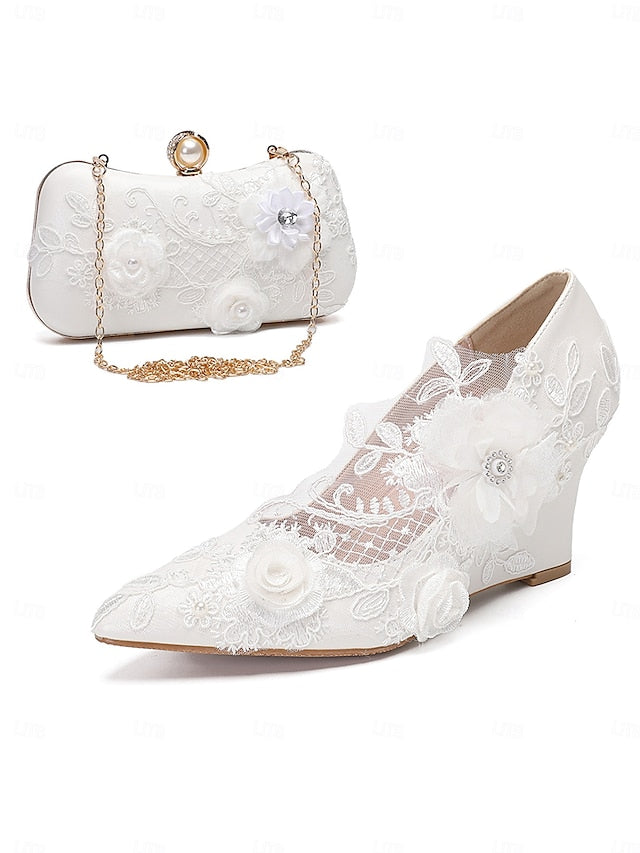 White Wedding Shoes Floral with Embellishments Lace