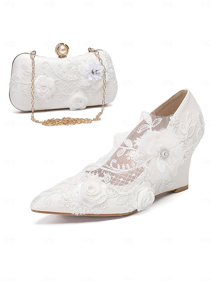 White Wedding Shoes Floral with Embellishments Lace