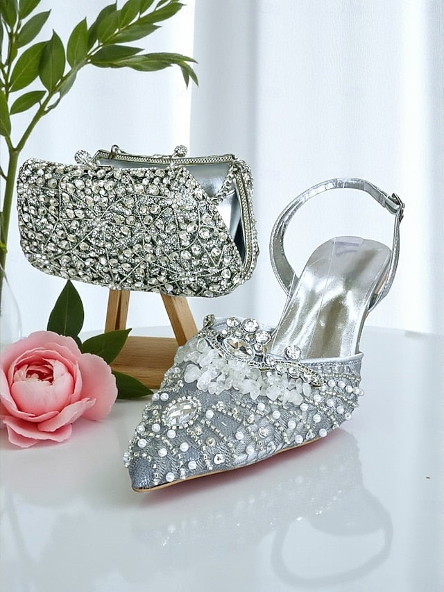 Heel Shoes and Women's Bag Clutch Rhinestone Set Green -
