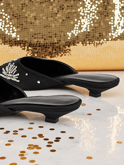 with Satin Women's Toe Rhinestone Mules Black Pointed