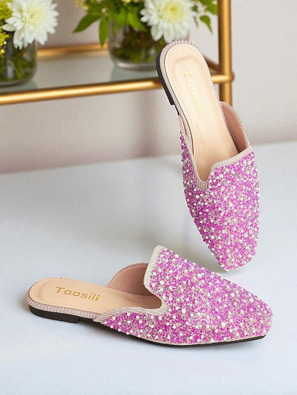 and Women's Embellished Pink Mules Rhinestone Pearl -
