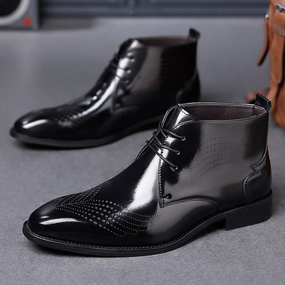 Ankle Leather Men's Brogue Glossy Wingtip Burgundy Faux