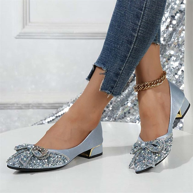 Rhinestone Elegant Women's Bow with - Glitter Detail Flats