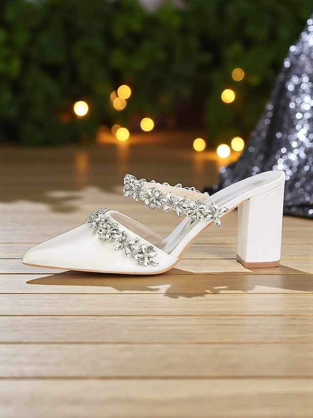 Women's Floral Satin Black Rhinestone Heel Mules Block with