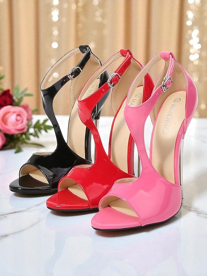 Heels Stiletto Strappy Leather - Open Patent Red Women's