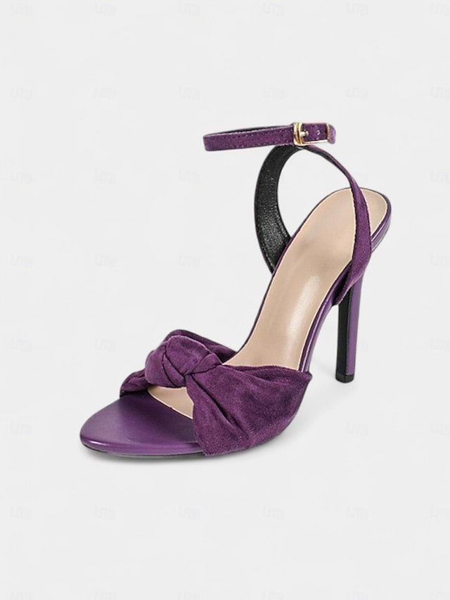 with High Women's Bow Sandals Suede Heel Purple - Detail