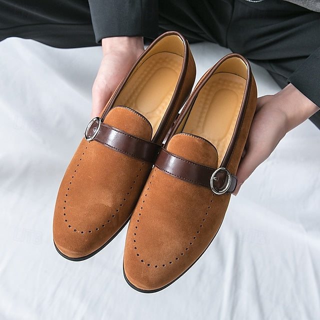 Slip-On Strap Brown Faux Loafers with Suede Buckle Men's