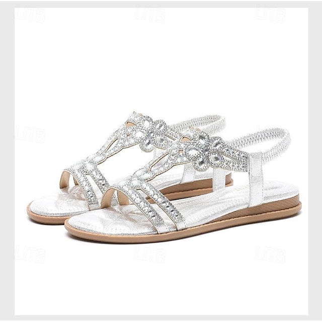 T-Strap Rhinestone Sandals Boho – Flat Women's Silver