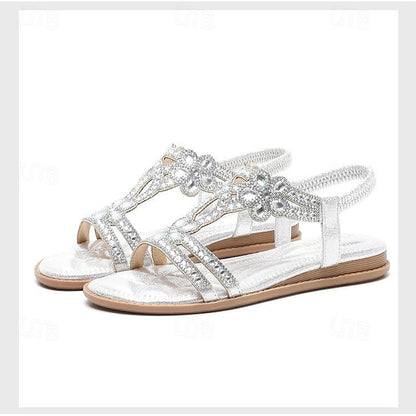 T-Strap Rhinestone Sandals Boho – Flat Women's Silver