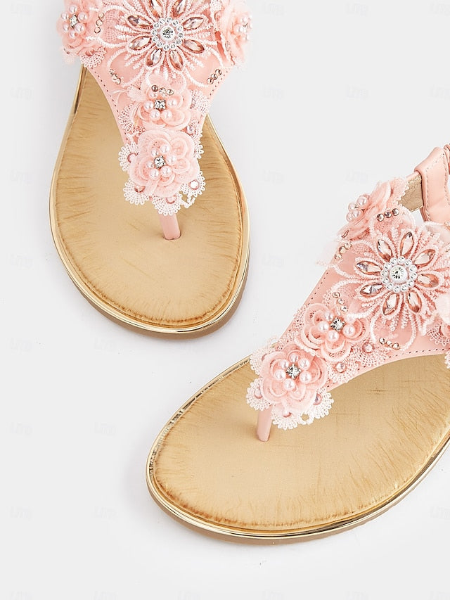 T-Strap Lace Pink Women's Sandals Floral Embellished –