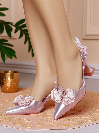 Pointed Floral Heels Toe Satin Pink Women's with