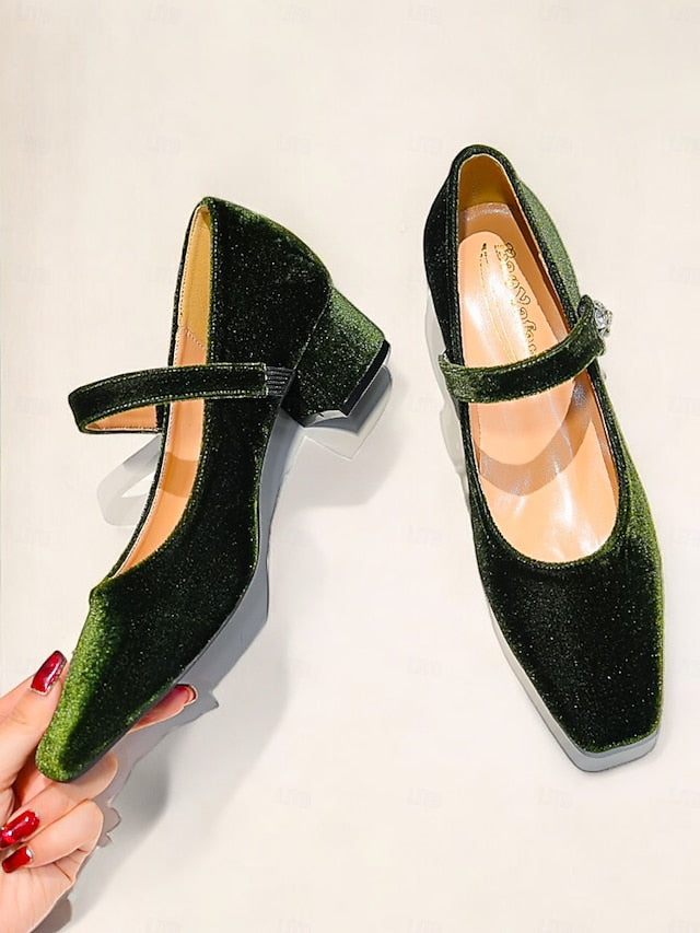 Mary Velvet - Women's Block Toe Square Jane Pumps Green