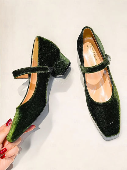 Mary Velvet - Women's Block Toe Square Jane Pumps Green