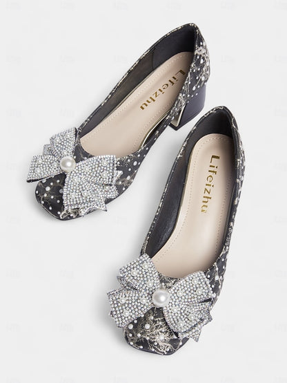 with Gold and – Pearl-Embellished Pumps Black Detail Bow