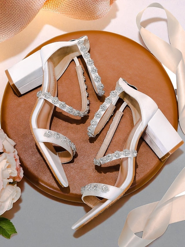 Open - Rhinestone Elegant Heel Women's Sandals White Block