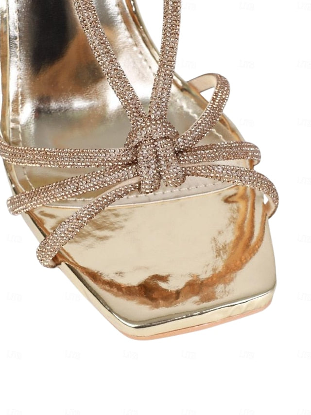 Heels Rhinestone Strappy Square Stiletto Women's with Toe