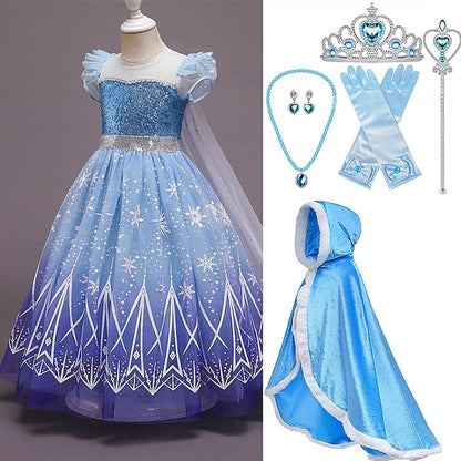 With Cape Hooded Dress Crown Elsa Cloak Princess Tulle Set