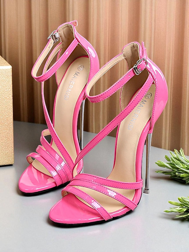 Red Strappy Sandals Heels PU High Women's Stiletto Patent -