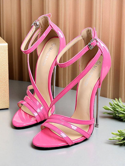 Red Strappy Sandals Heels PU High Women's Stiletto Patent -