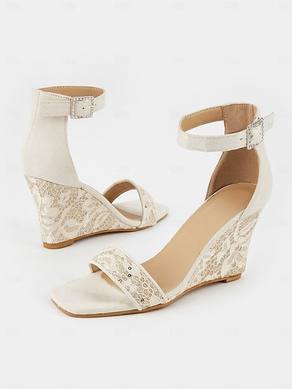 Women Wedge for Heel Sandals Ankle Stylish White Lace Strap –