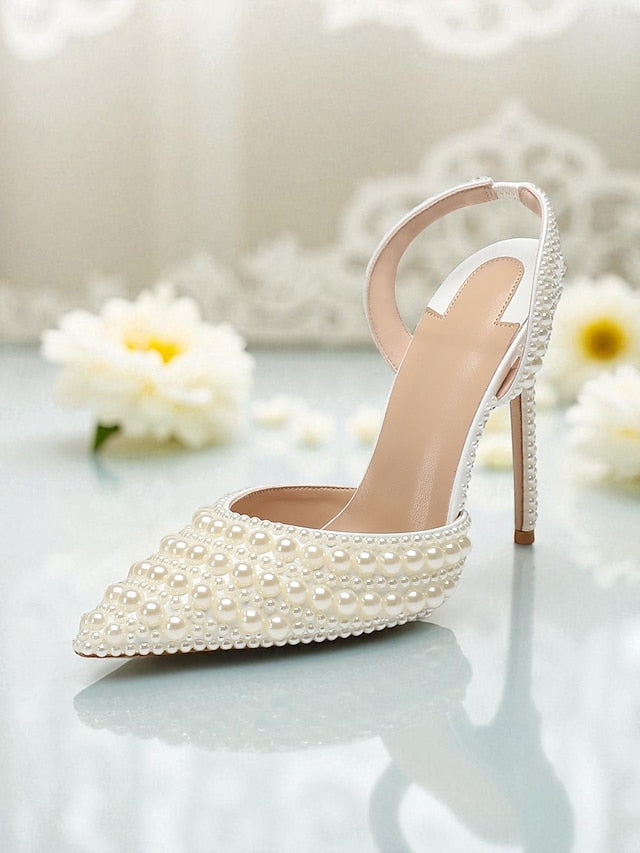 Heels White Slingback Women's Leather - Pearl-Embellished