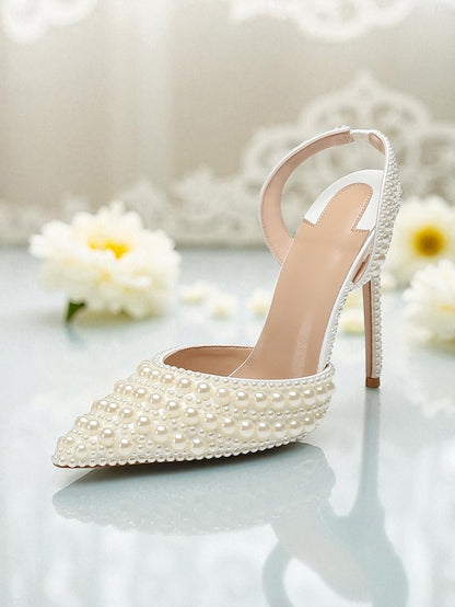 Heels White Slingback Women's Leather - Pearl-Embellished