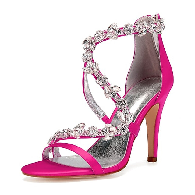 High Satin Sandals Floral Pink Heel Rhinestone with Women's