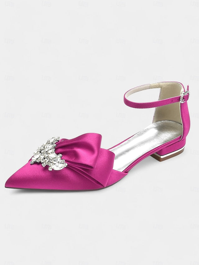 Pointed-Toe White Rhinestone Bow Heels with Ankle Satin and