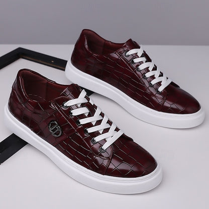 Men's Burgundy Crocodile Pattern Faux Leather Sneakers with