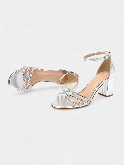 Silver Rhinestone Sandals Heel with Block Metallic Strappy