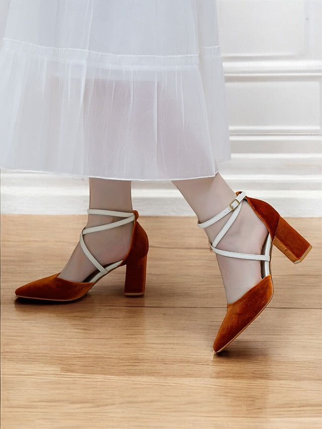 Suede Heels Chic Women's Two-Tone Strap Elegant - Ankle