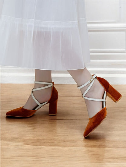 Suede Heels Chic Women's Two-Tone Strap Elegant - Ankle
