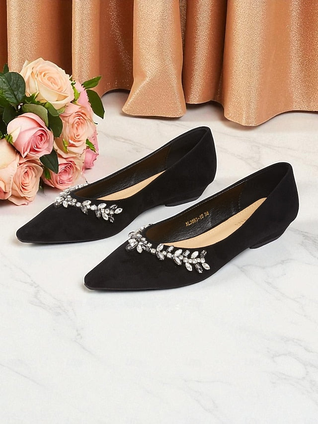 Rhinestone Toe Women's Suede Pointed Flats Black with