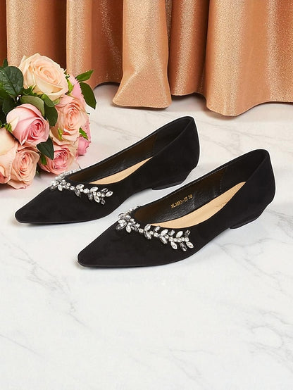 Rhinestone Toe Women's Suede Pointed Flats Black with