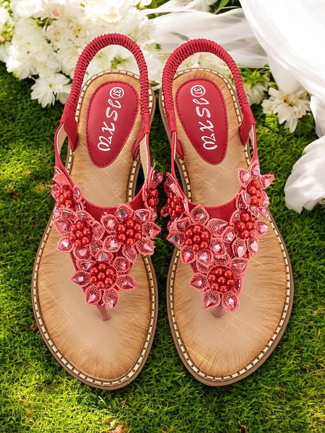 Comfortable Beaded with Flat Floral Design Slip-Ons