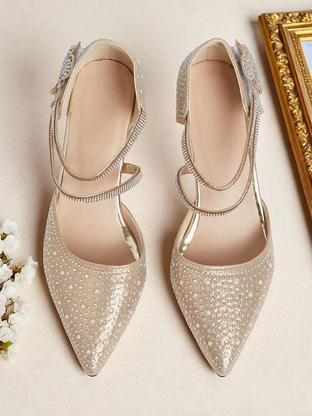 Rhinestone Heel Glitter Ankle Low Strap Toe Pointed Women's