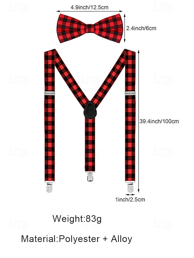 Christmas Men's Bow Plaid Tie Adjustable Set and Suspender