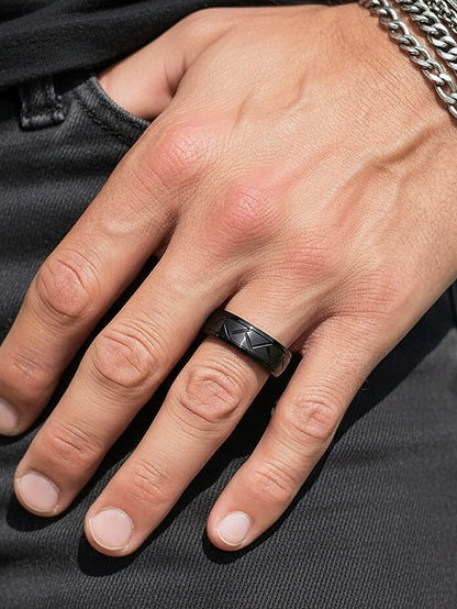 Steel Men's Pattern Stainless Geometric Modern Rings –