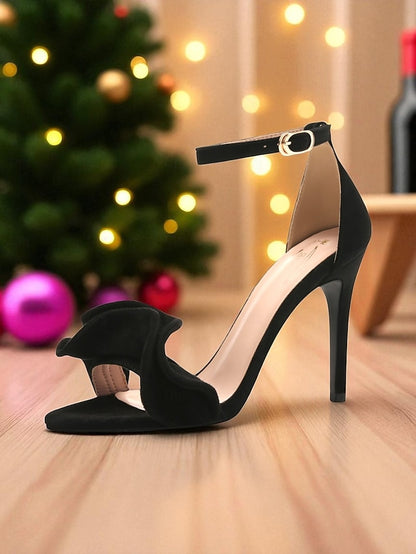 Elegant Velvet Heel Sandals High - Women's Red Strap Ankle