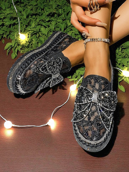 Rhinestone Slip-On Bow Black with Lace Shoes Women's
