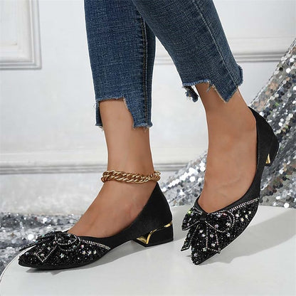 Rhinestone Elegant Women's Bow with - Glitter Detail Flats
