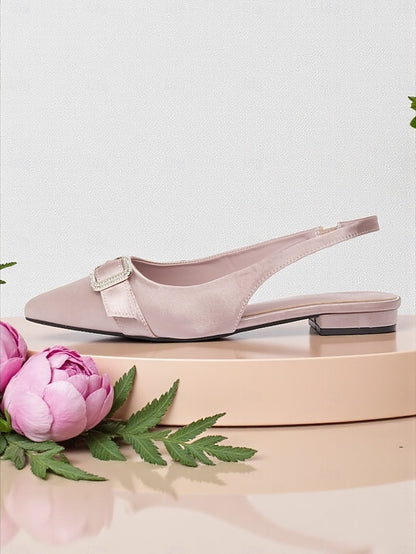 Satin Slingback with Women's Rhinestone Pink Flats Buckle