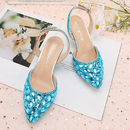 Heels Women's Crystal Slingback High Rhinestone Pointed-Toe