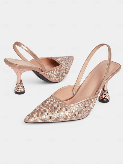 Women's Geometric Heels with Rose Rhinestone Slingback Gold