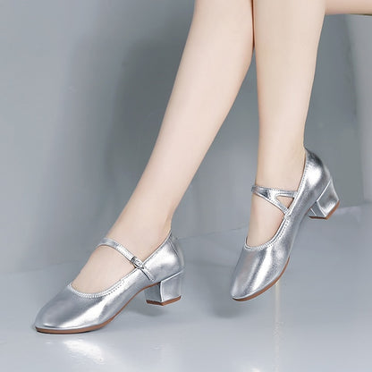 Heel Women's Jane Buckle Mary Shoes Gold Low Dance with