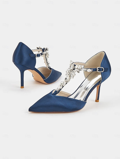 T-Strap Toe – Heels Pointed Women's Satin Blue Navy