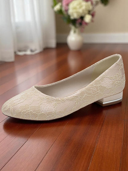 Women's Lace Wedding Flats Heel Ivory Low